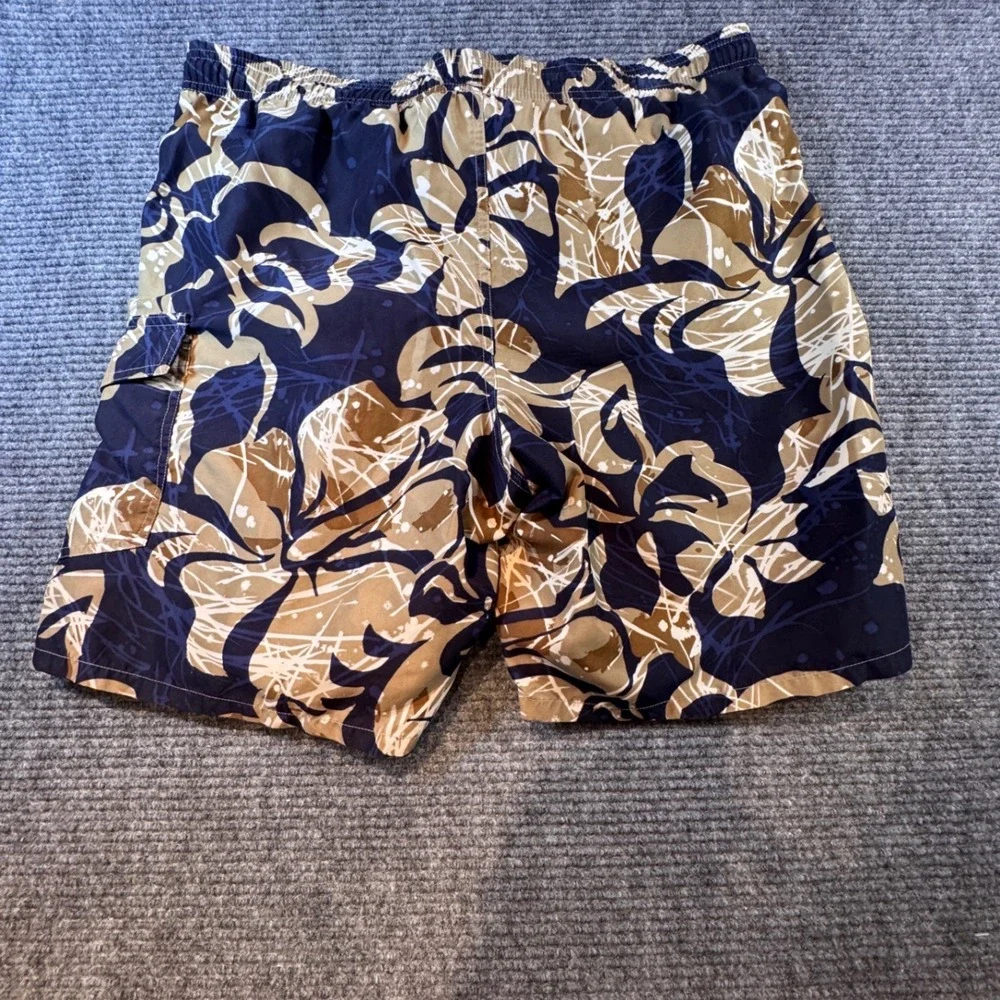 Speedo Mens Swim Trunks Size M Tropical‎ Floral Print Blue Tan Cargo Mesh Lining